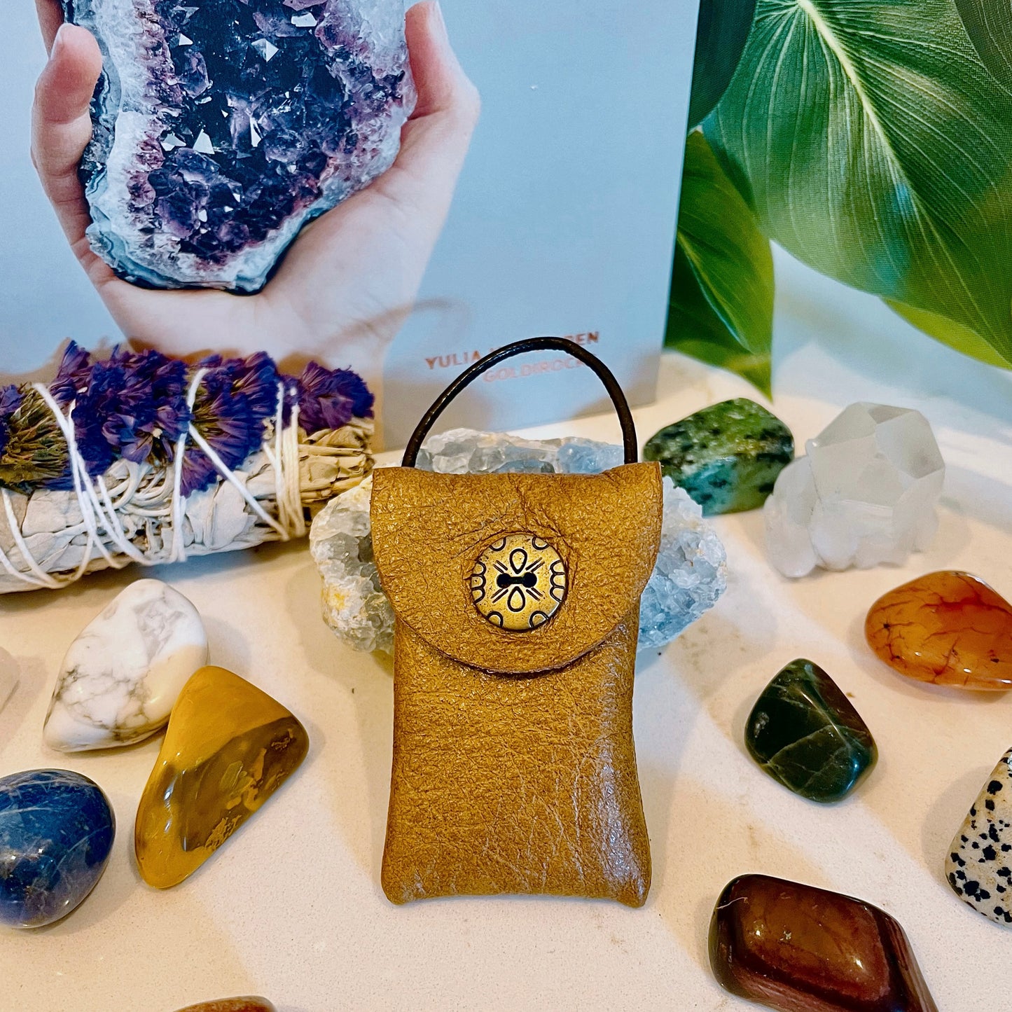 Golden Oak Crystal Pouch Necklace w/ Vintage Gold and Black Button