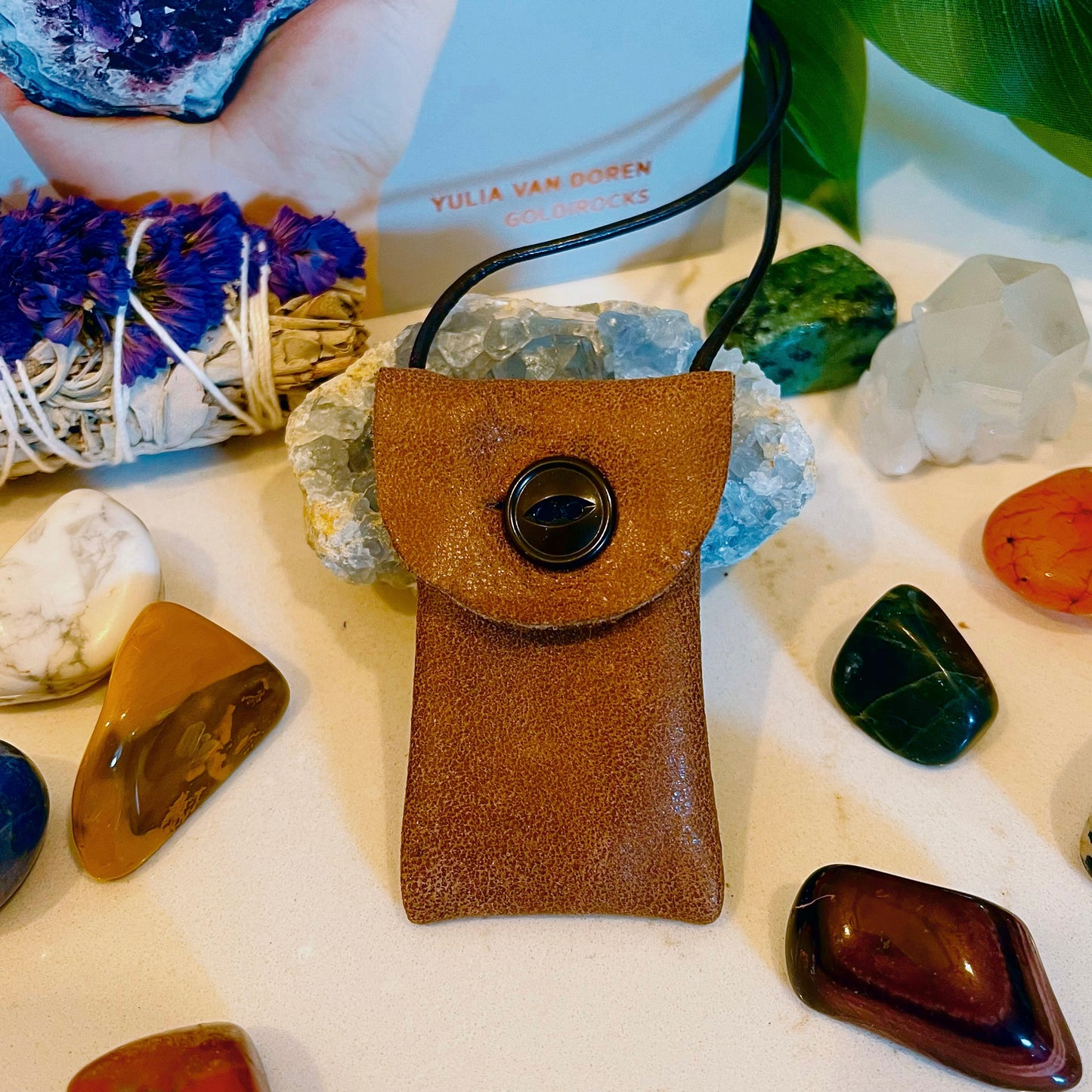 Two Tone Walnut Crystal Pouch Necklace w/ Brown Button