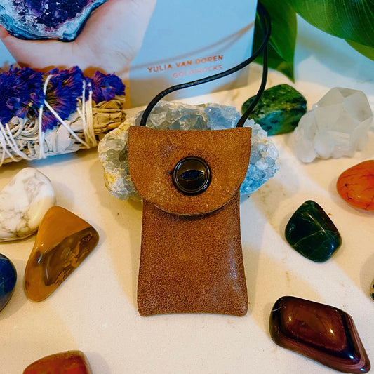 Two Tone Walnut Crystal Pouch Necklace w/ Brown Button